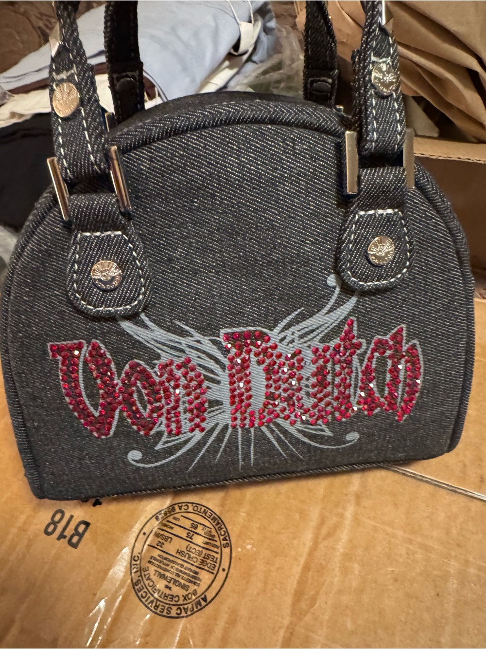 Von Dutch Black Denim Satchel with Red Crystal Logo
